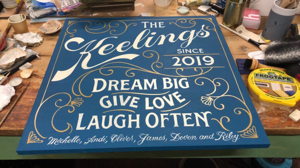Gift panel by Seraina Signs London, Women sign artists Rising star Sign Painter. Painted House numbers names Lead times + prices.