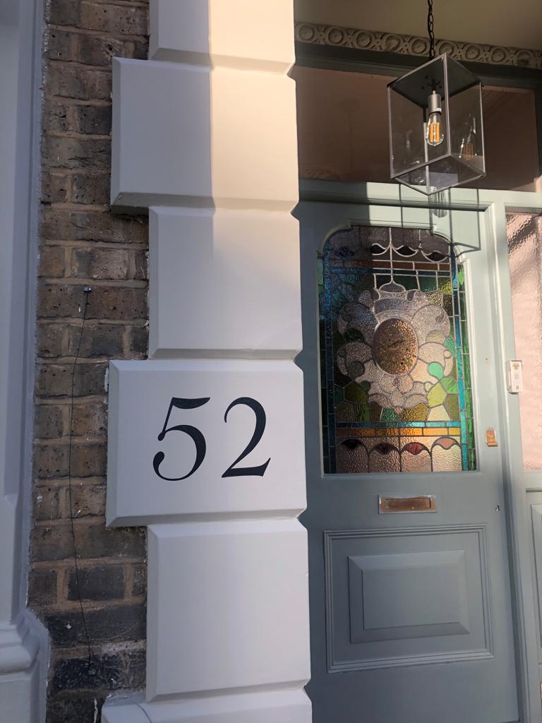 Pillar to Post: Fine London House Numbers, Roman House Number 52 teardrop Windsor RN001.02 House numbers on Pillars, painted by NGS hand painted Victoria House titles numerals.