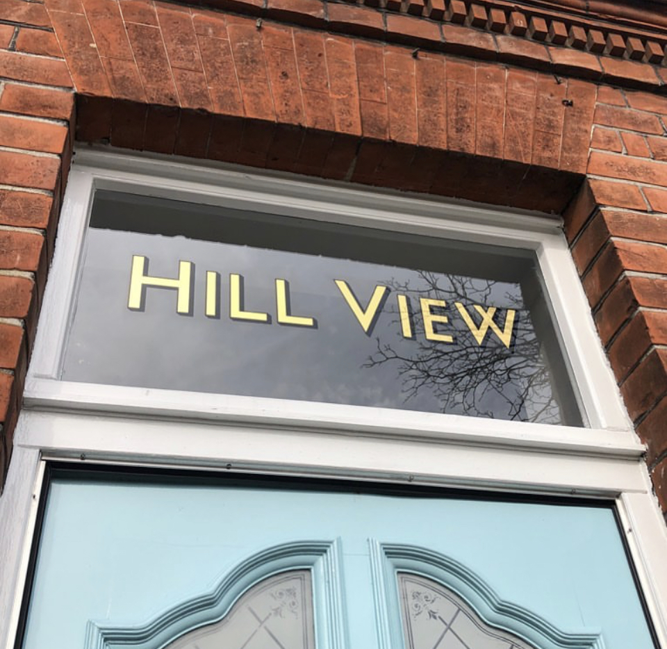 Gold Fanlight House Numbers, Transom Regents park, gold leaf lettering, on glass, Transom House Numbers gilding. Traditional Numerals for all London inc Dulwich, Clapham,
