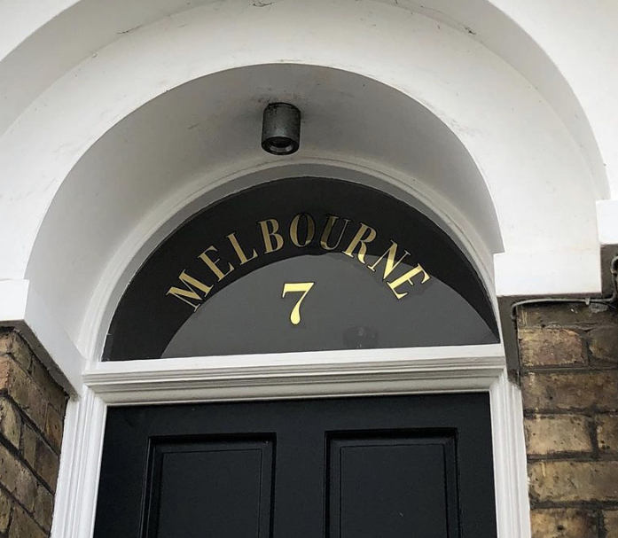 Fine gold fanlight, gold leaf lettering, on glass, Transom House Numbers gilding. Traditional Numerals for all London inc Dulwich, Clapham,