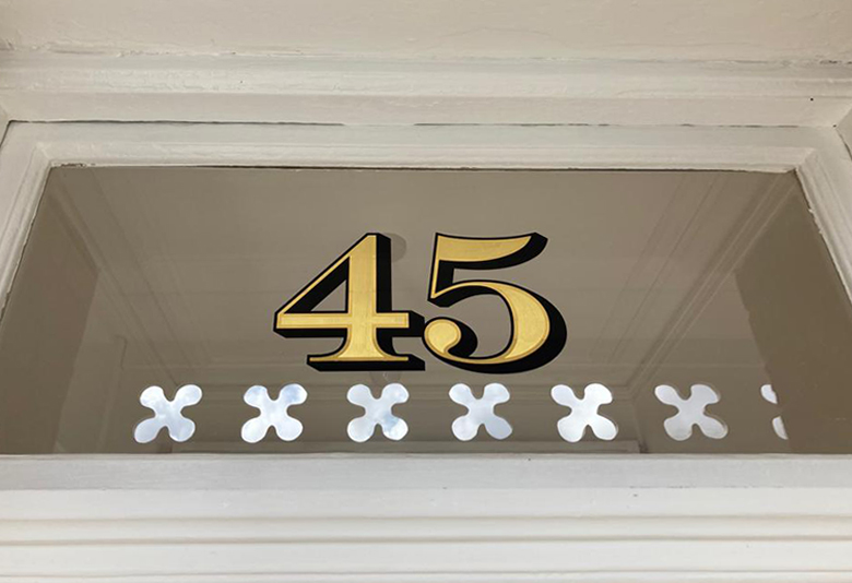 Gold Leaf house numbers, Wayfinding signage specialist, Large scale signs, Traditional sign writer london, House numbers, Gold Leaf, Shop, Chelsea-painted house numeral.jpeg. Retail signs, Shop fitters, Seraina all-signs signs, By Hand painted., Beautiful Gold Leaf House door numbers
